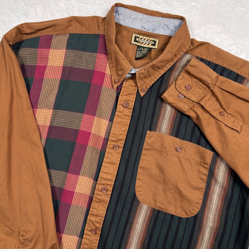 Vintage 90s Hunting Horn Button Down Shirt Men XXL Brown Multi Plaid Stripe RARE